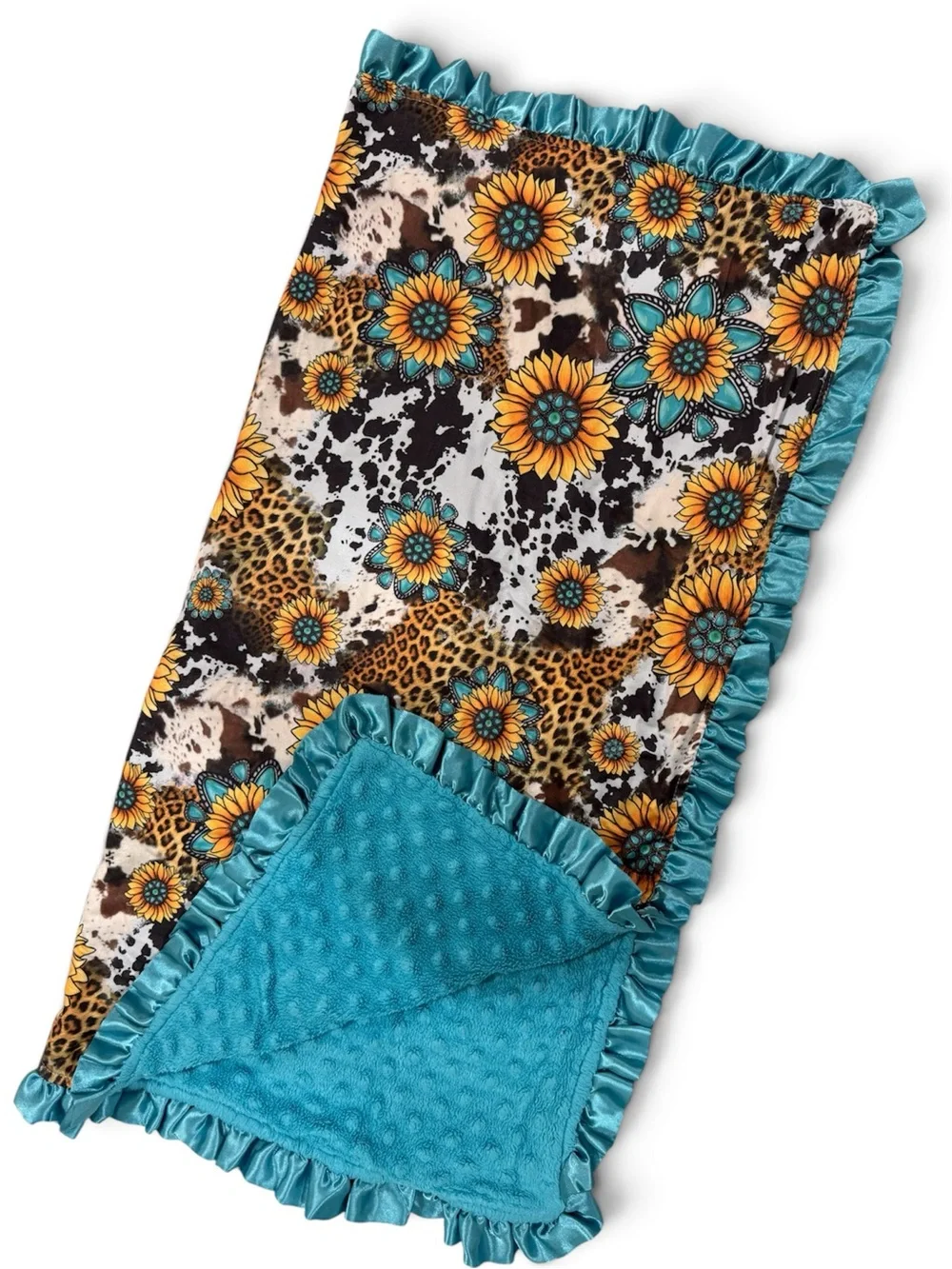 Plush Teal Trim Sunflower & Leopard Print Throw Blanket